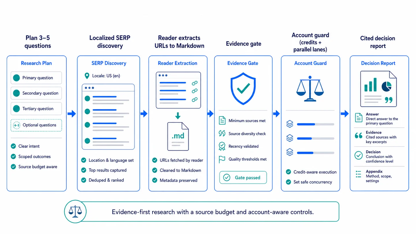 Diagram showing an account-aware deep research workflow: plan questions, search a localized SERP, extract source URLs to Markdown, apply an evidence gate, check credits and parallel lanes, and produce a cited decision report.