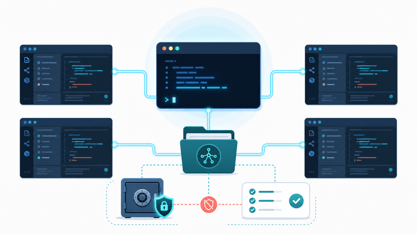 Illustration of a project terminal connecting a local Skills folder to several coding-agent workspaces while an API key remains in a secure local vault.