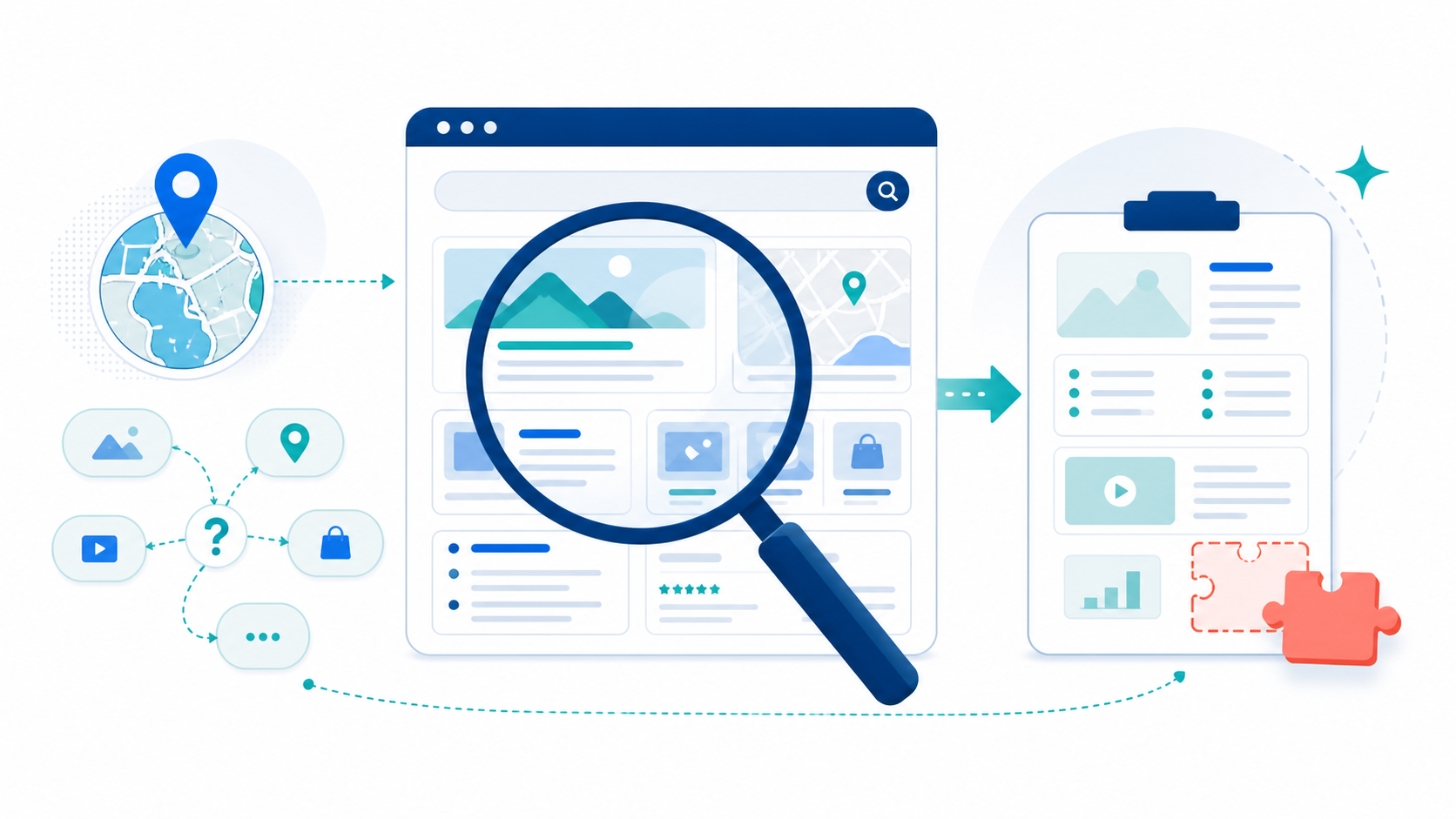 Illustration of a localized search-results page being analyzed into questions and a content brief with a highlighted content gap.