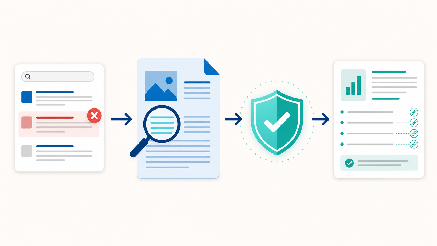 Illustration of a search-results card moving through page reading and an evidence check into a cited research report.
