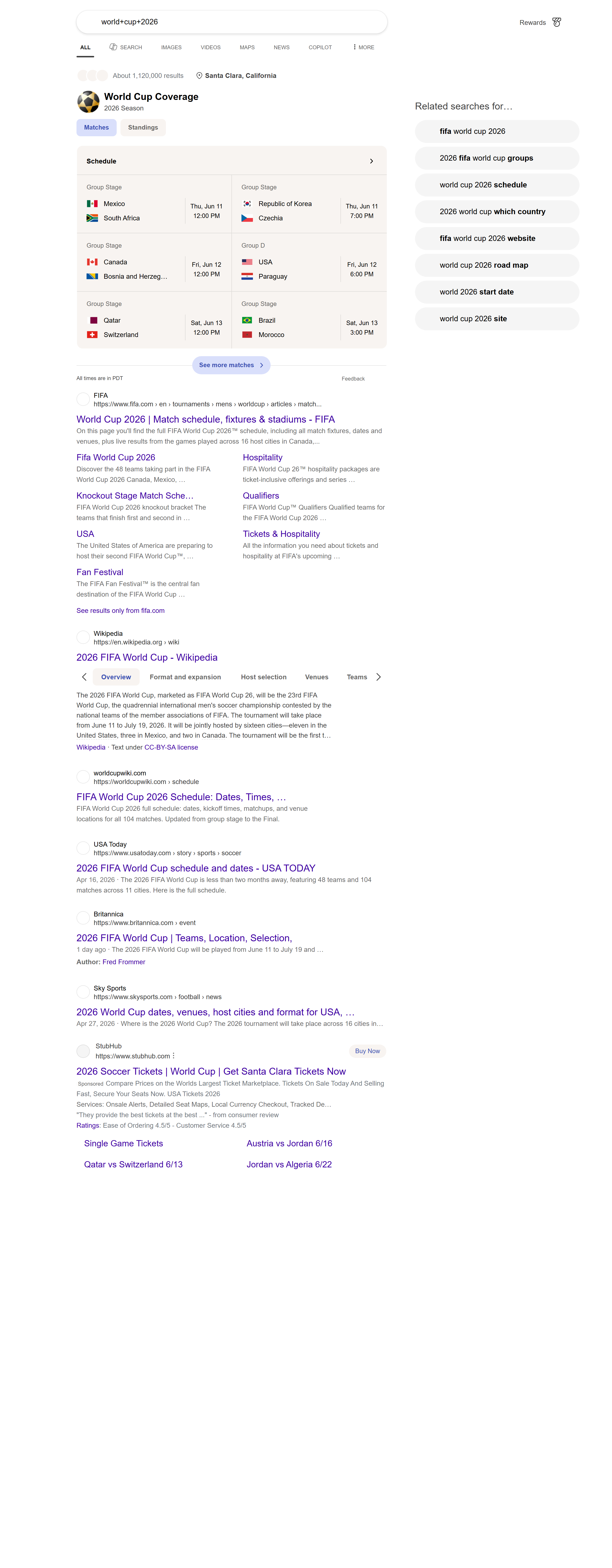 Bing Search API screenshot — 'World Cup 2026' real-time Microsoft Bing organic web results