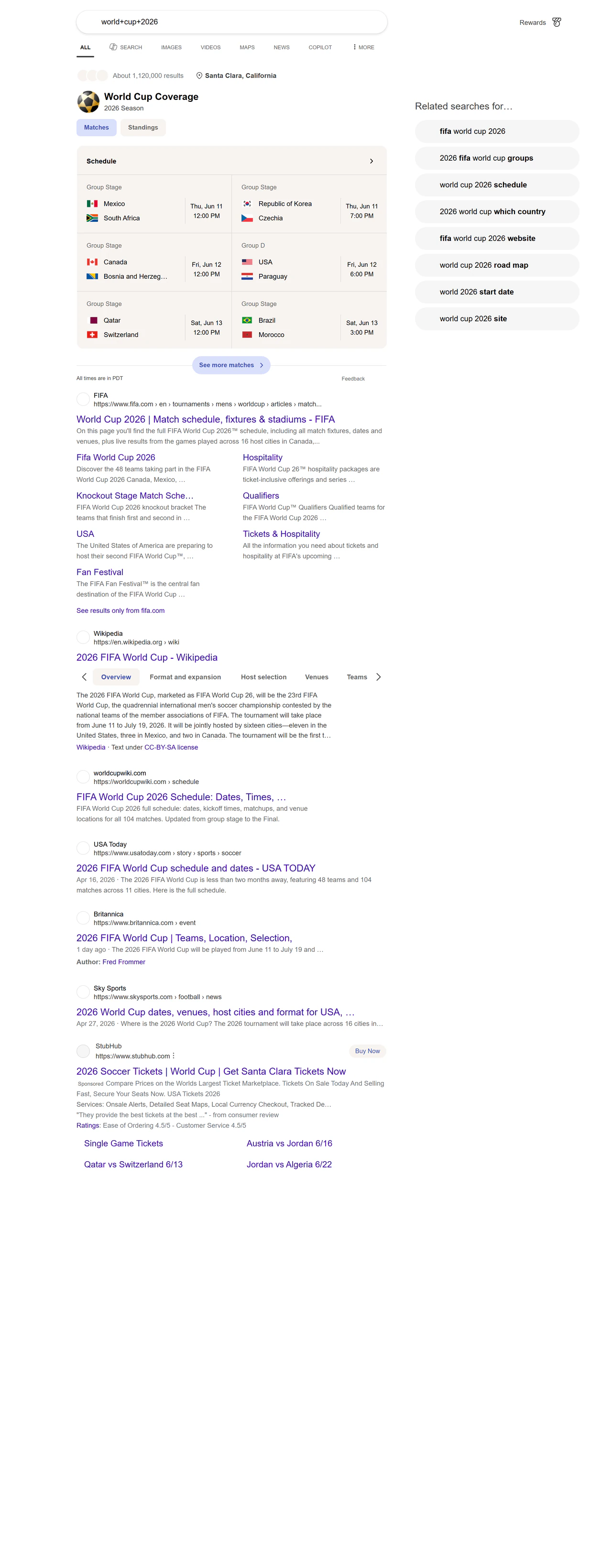 Bing Search API screenshot — 'World Cup 2026' real-time Microsoft Bing organic web results