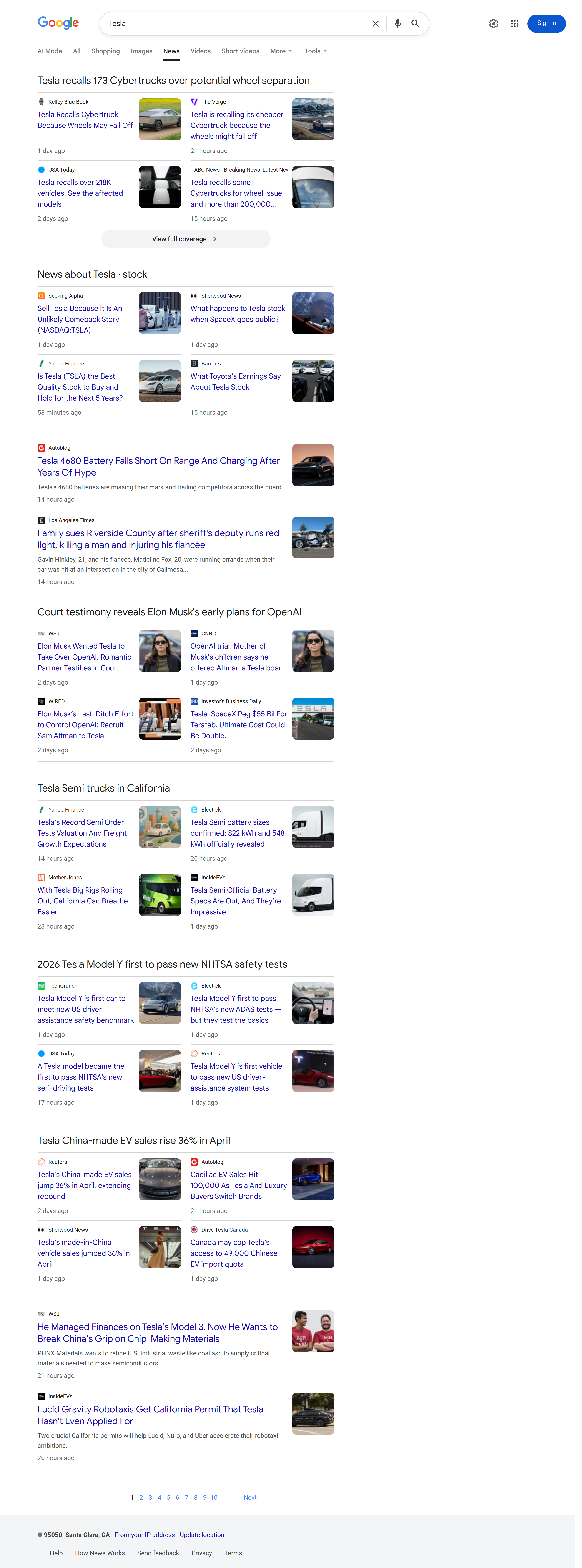 Google News API screenshot — 'Tesla' real-time news headlines with source, snippet and timestamp