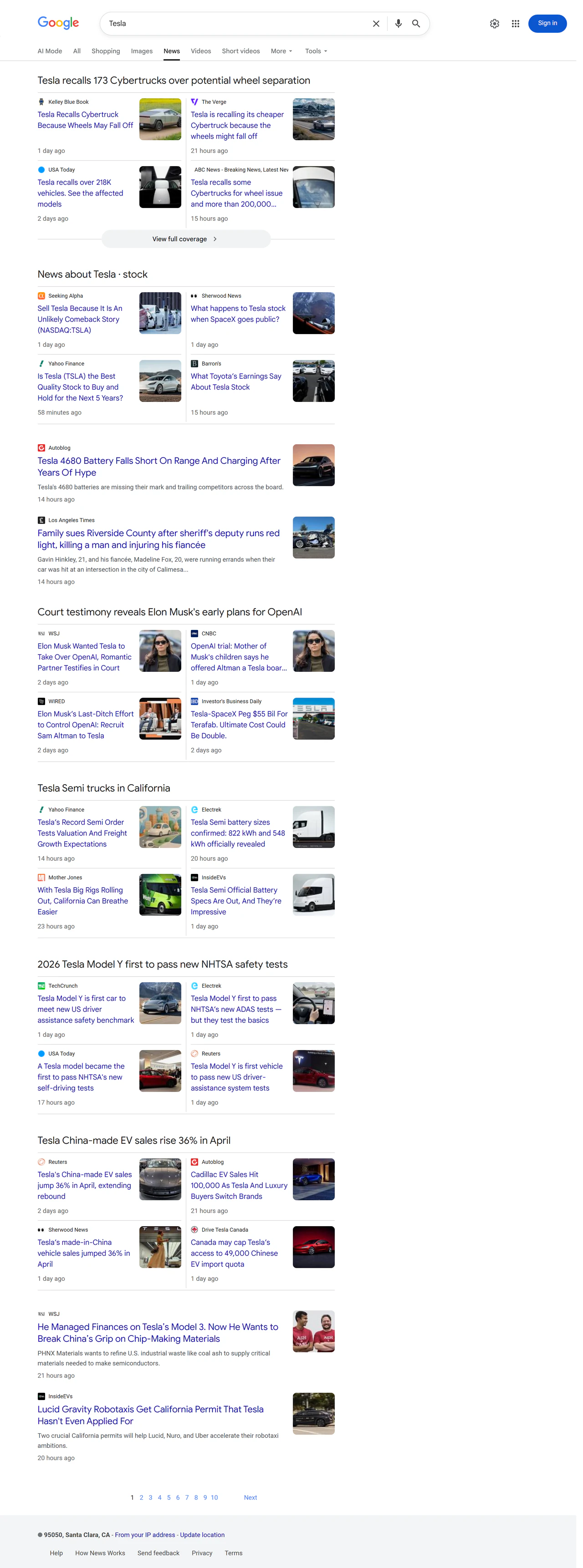 Google News API screenshot — 'Tesla' real-time news headlines with source, snippet and timestamp