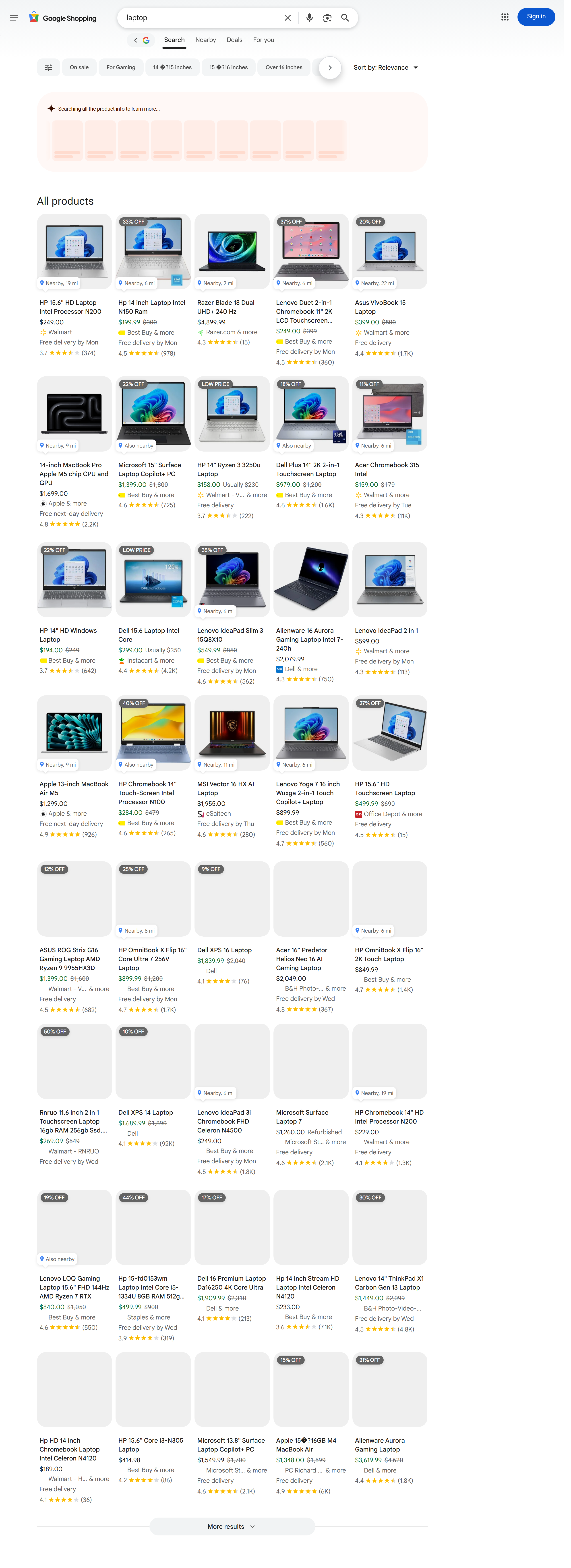 Google Shopping API screenshot — 'laptop' product listings with price, rating, availability and merchant