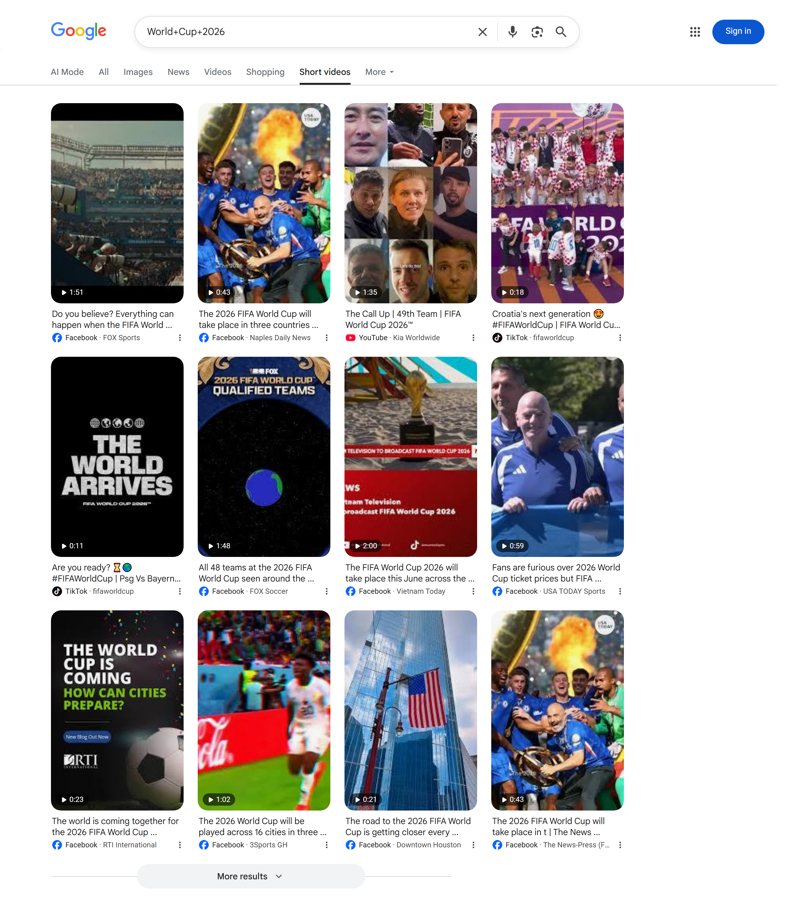 Google Short Videos API screenshot — 'World Cup 2026' short-form video results from YouTube Shorts, Reels and TikTok surface