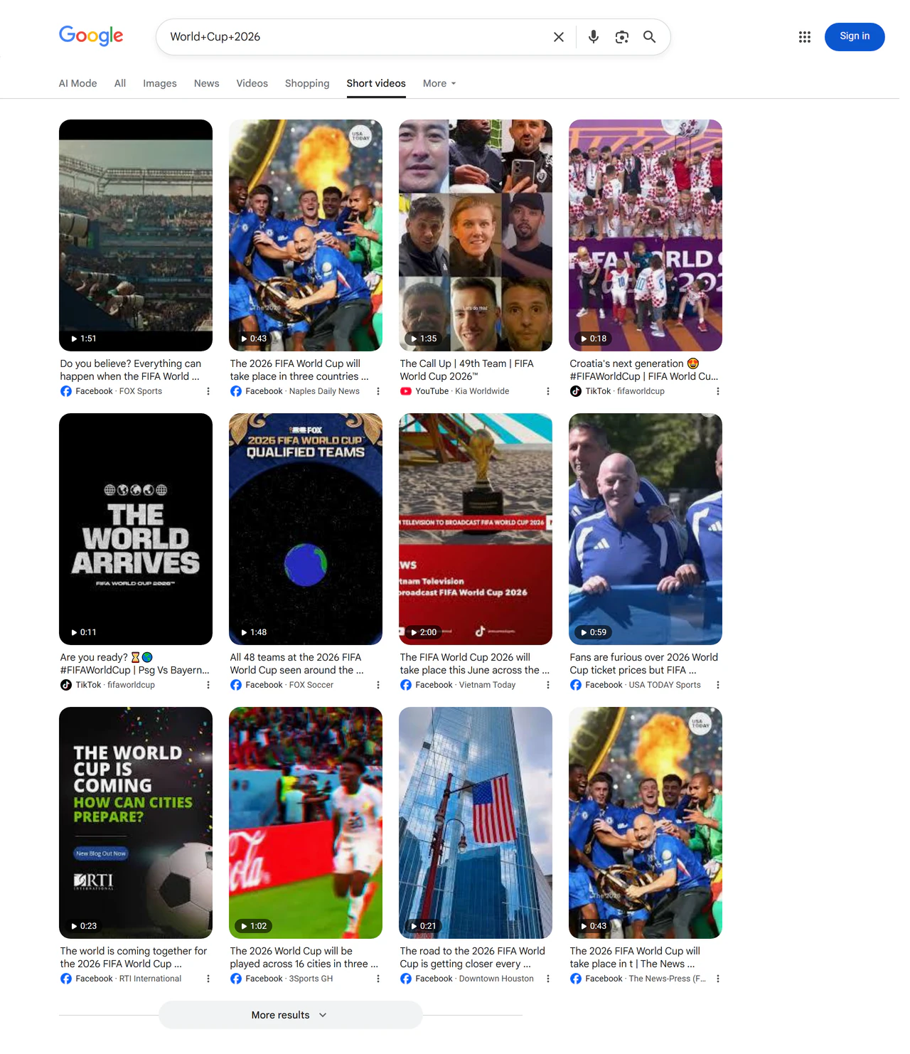 Google Short Videos API screenshot — 'World Cup 2026' short-form video results from YouTube Shorts, Reels and TikTok surface