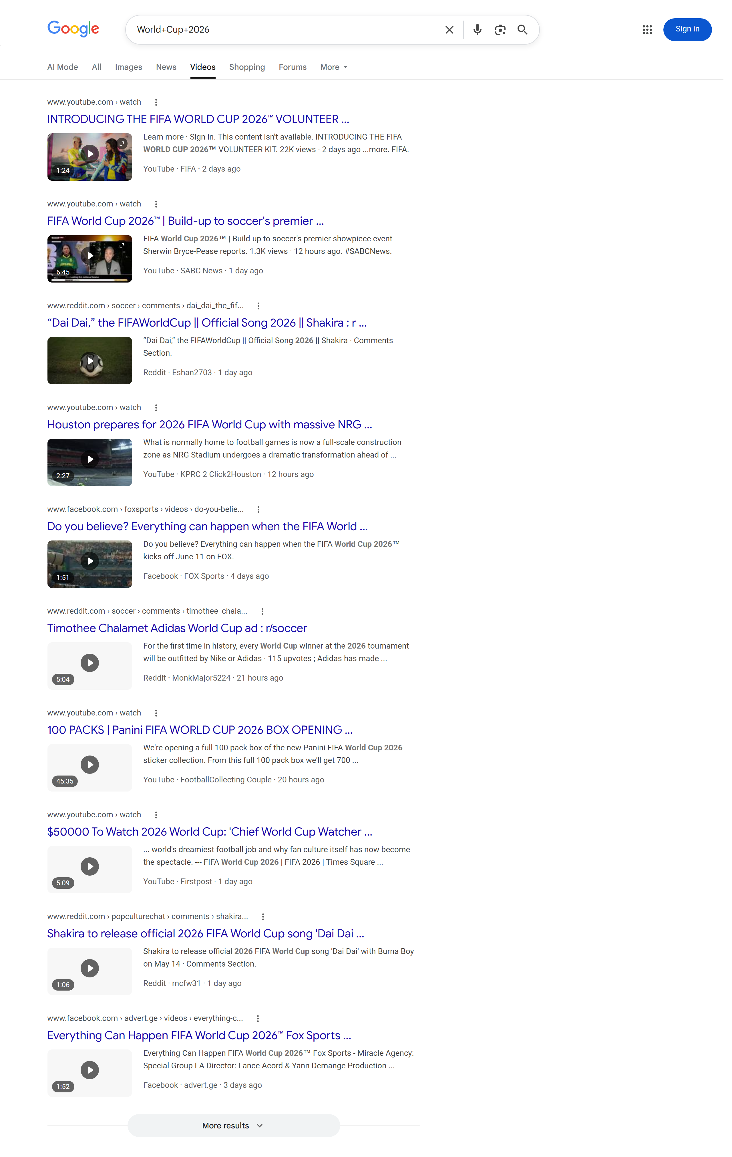 Google Videos API screenshot — 'World Cup 2026' YouTube and Google video search results with thumbnails and duration